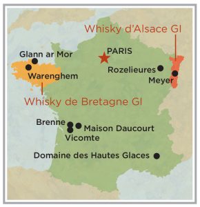 法国、布列塔尼和阿尔萨斯的威士忌地理标志区域地图。