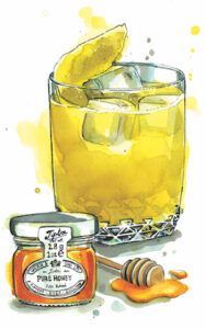汉娜·乔治 (Hannah George) 的插图描绘了在一小罐蜂蜜旁边的青霉素威士忌鸡尾酒和一个放在蜂蜜小水坑中的蜂蜜北斗七星。